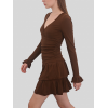 Brown retro V-neck multi-layered ruffle mini dress