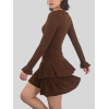 Brown retro V-neck multi-layered ruffle mini dress